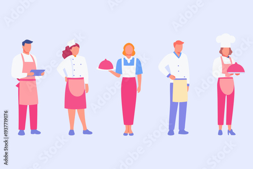 Diverse group of restaurant staff members standing in a row