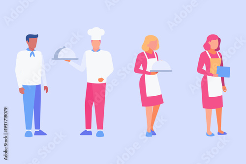 Restaurant staff illustration featuring chefs waiters and a hostess