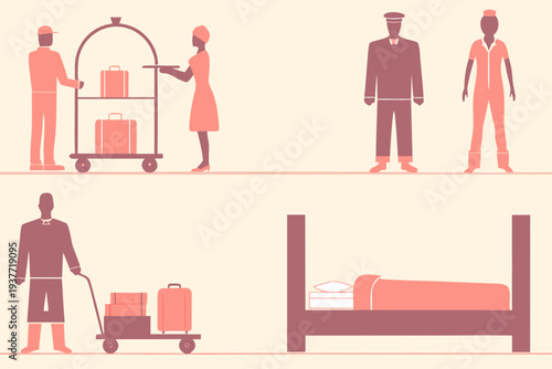 Hotel staff and luggage depicted in a minimalist coral toned illustration