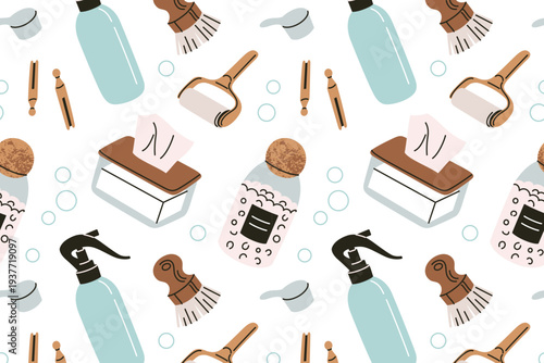 Seamless pattern with cleaning supplies and tools. Spray bottles, brushes, sponges, soap dispensers. Flat vector illustration in cartoon style. Perfect for housework, domestic service themes