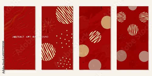 Four panels displaying abstract red and beige geometric art background