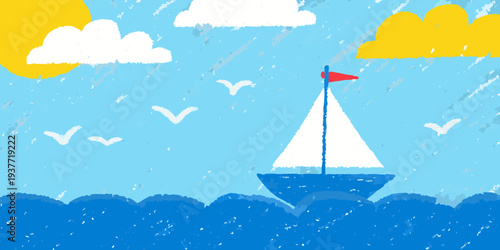 A cheerful illustration of a white sailboat sailing on a blue sea