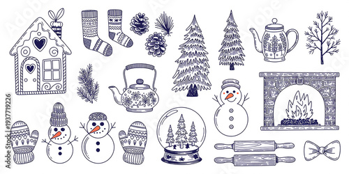 Winter Holiday Hand Drawn Collection with Snowman Fireplace Christmas Trees and Mittens