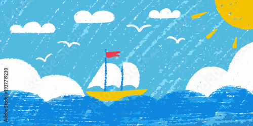 A colorful childlike illustration of a sailboat on a wavy blue sea