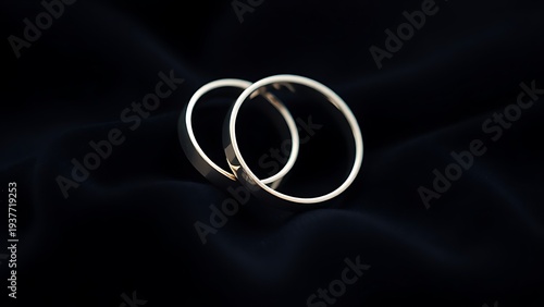 electroluminescence. Two silver wedding bands overlapping on dark velvet fabric. lifestyle magazines, social media lookbooks, designed for lifestyle magazines and social media content.