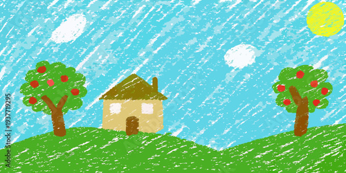A child s crayon drawing depicts a house trees and sunny sky