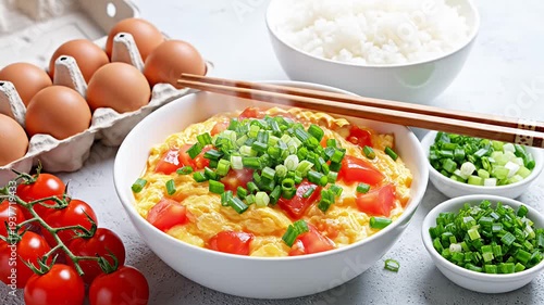 Scrambled eggs with tomatoes, green onions, rice and chopsticks