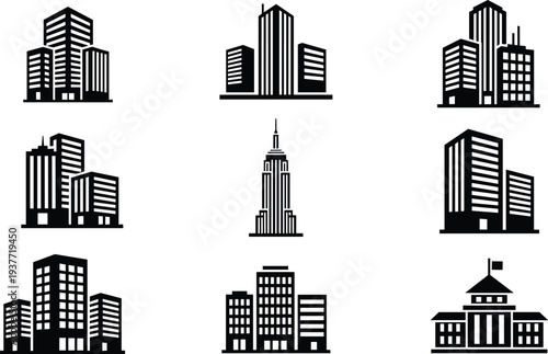 Black and White Vector Building Icons Set Featuring Modern Skyscrapers, City Skyline Silhouettes, Corporate Office Towers, Urban Architecture Elements, and Government Landmarks for Business Design