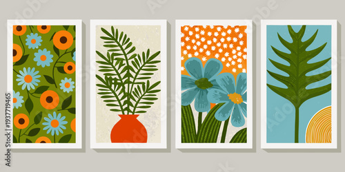 Four botanical prints featuring stylized flowers and foliage in mid century style