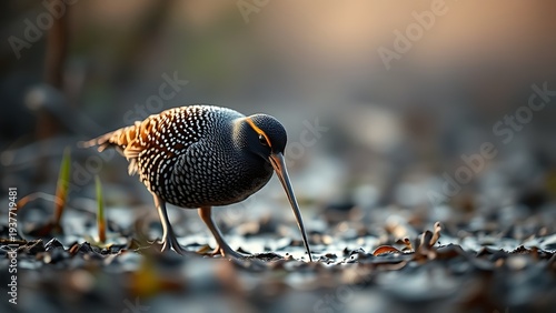 woodcock. A woodcock bird probing wet earth for worms in the misty dawn light. wildlife magazines, conservation campaigns, designed for wildlife conservation campaigns and eco-tourism storytelling.