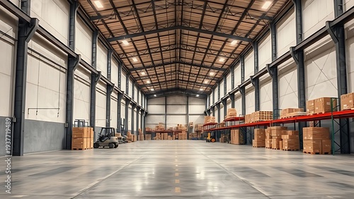 transmigration. Industrial warehouse interior with clean concrete floor and high ceiling. real-estate listings.
