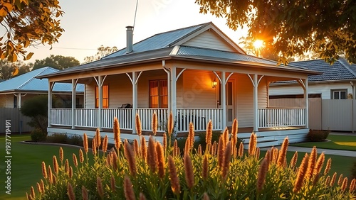 veranda. Charming single-story house with a wide veranda, surrounded by native plants in golden light. real-estate listings.