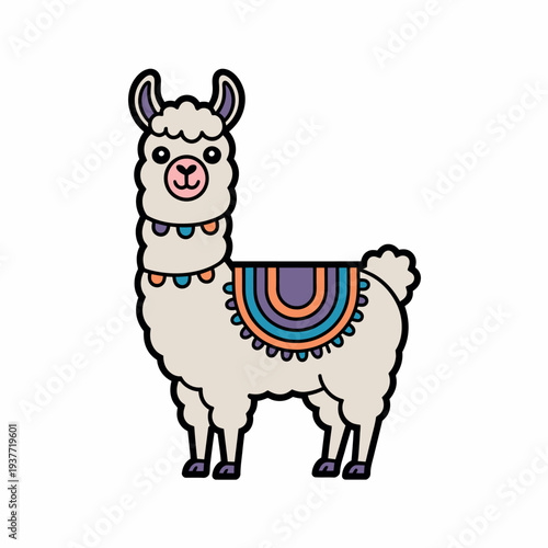 Cute llama or alpaca cartoon character with colorful blanket. Adorable farm animal vector illustration.