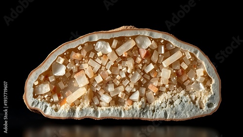 tubercular. Polished cross-section of a mineral specimen with vari-colored crystals. STEM education sheets, lab safety posters, designed for biotech research communications.