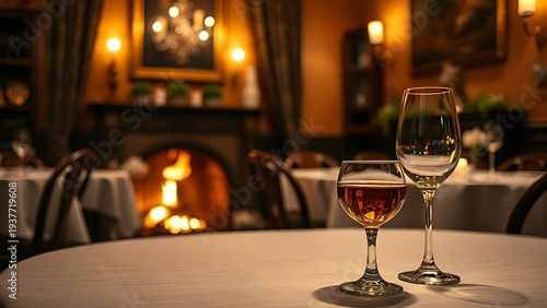 epilogue. A cozy dining room with a fireplace and a glass on the table. real-estate listings, architecture portfolios, designed for real-estate listing and luxury residence showcases.