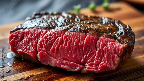 mediumrare. Juicy medium-rare steak cross-section on rustic wood, highlighting glistening meat fibers. menu design, packaging mockups, designed for culinary blogs and recipe cards for restaurants.