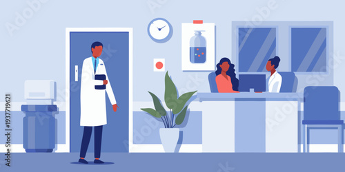 A doctor stands in a brightly lit modern hospital reception area