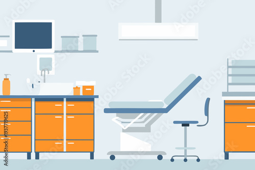 A brightly colored minimalist illustration of a modern medical examination room