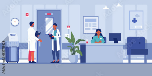 Medical professionals interacting with a patient at a hospital reception desk