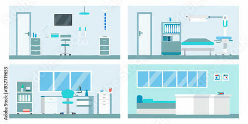 Illustrative depiction of a modern hospital interior with various medical rooms