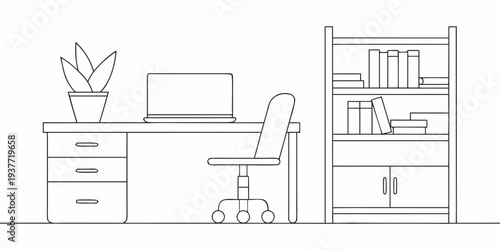 Minimalist line drawing of a modern home office workspace setup