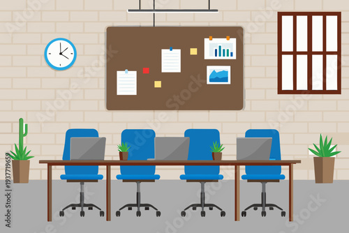 Modern office meeting room with a bulletin board and blue chairs