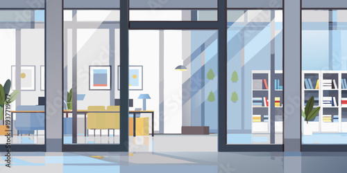 Modern interior view through glass doors showcasing a bright living space