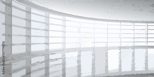 Curved hallway with numerous white doorways and a monochrome aesthetic