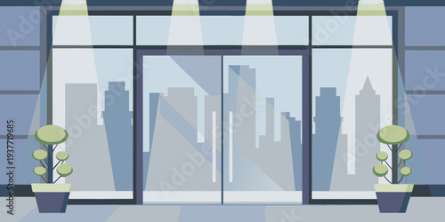A minimalist illustration of a storefront with a city skyline reflection