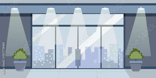 Modern building entrance with illuminated glass doors and city reflection