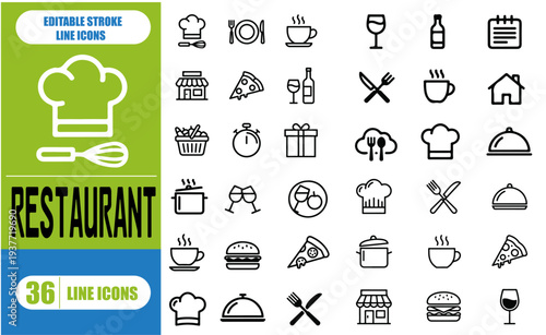 Restaurant editable stroke icons collection. Thin line icons set. Simple vector illustration