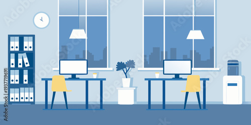 A minimalist office interior with desks computers and a city view