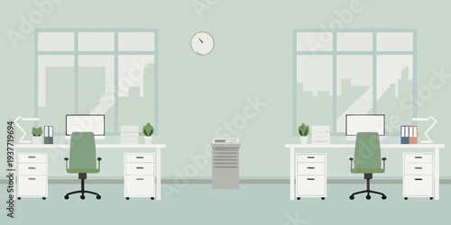 Minimalist office space featuring two desks chairs and a calming green palette