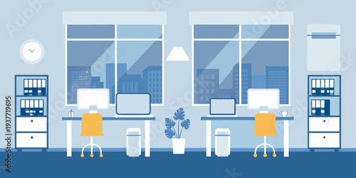 Modern office interior with desks computers and a city view