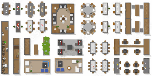 Collection of top down furniture arrangements for dining and office spaces