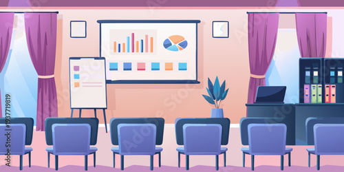 Conference room setup with presentation screen chairs and office elements