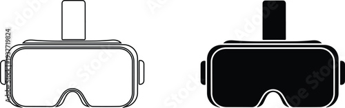 Virtual reality headsets with goggles and controllers in black and white line art style