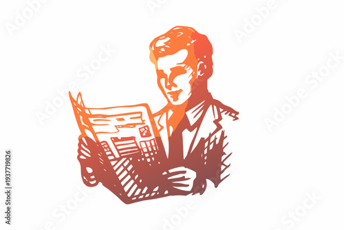 A retro illustration of a man reading a newspaper in orange tones