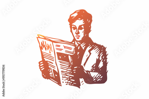 A man intently reads a newspaper in a vintage sketched illustration