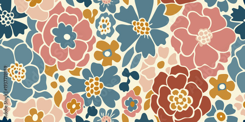 A colorful floral pattern featuring stylized blooms in various shades