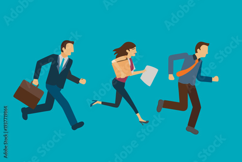 Three business professionals are depicted running forward quickly