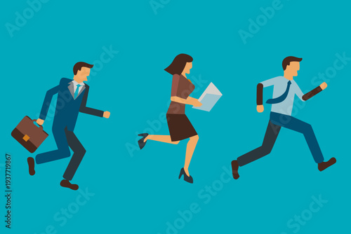 Business people urgently running forward in a flat vector illustration