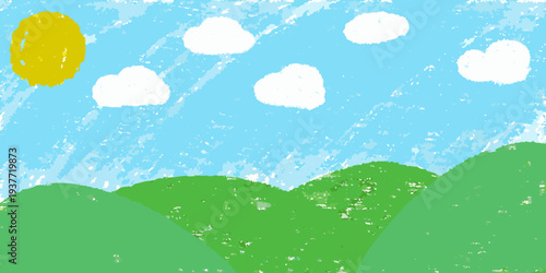 A child s drawing depicts a sunny day with green hills and fluffy clouds