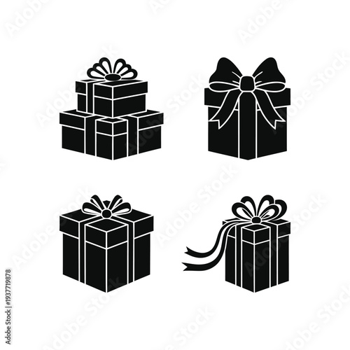 Four black gift boxes with bows in silhouette style for gifting on white background 