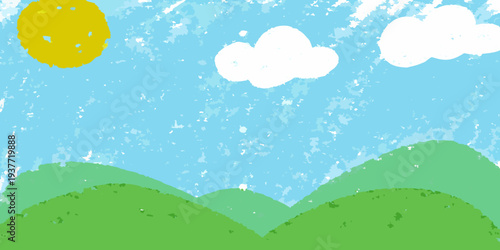 A cheerful illustration of a sunny day with fluffy clouds and rolling hills