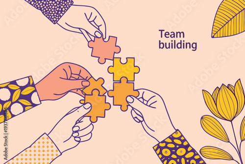 Hands connecting puzzle pieces with floral elements and text overlay