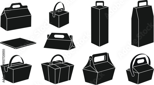 Silhouette of various black briefcases and bags in different orientations on white background 