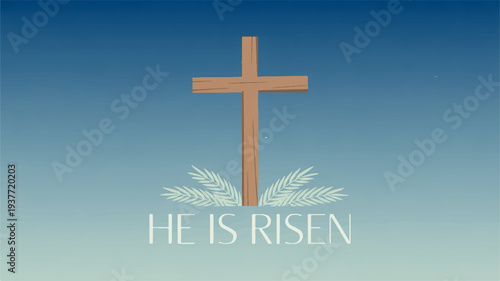 Easter cross with 'he is risen' text and dove wings on gradient blue background symbolizing resurrection and hope