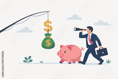 Businessman walking with piggy bank and telescope looking for financial growth, chasing money bag bait on fishing rod, concept of investment, wealth management, savings, and mutual fund returns.