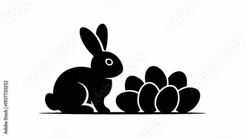 Black silhouette rabbit sitting beside a group of eggs on white background simple graphic illustration